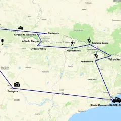 Mapa de una ruta por los Pirineos franceses y españoles, pasando por el País Vasco, el Cirque de Gavarnie, Ordesa y finalizando en Barcelona.
