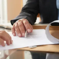Dwie osoby przy biurku analizują dokumenty. Jedna wskazuje piórem na tekst, druga przygląda się umowie. To może być moment ustalania, jakie dokumenty do notariusza na najem okazjonalny są potrzebne.