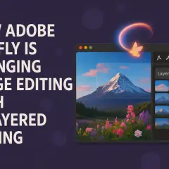 Adobe Firefly rewolucjonizuje edycję zdjęć dzięki AI. Widok warstw pokazuje, jak narzędzie ułatwia pracę z obrazem góry i kwiatów.