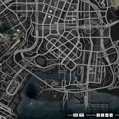 Mapa Los Santos, z zaznaczoną ulicą Grove Street. Widać ikony sklepów, garaży i innych miejsc.