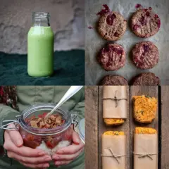 En samling av hälsosamma och goda mellanmål: energibollar, smoothies, kakor och bars. Perfekt för ett bra mellanmål när du är på språng.