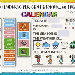 Calendario per imparare i mesi e i giorni in inglese. Include giorni della settimana, mesi, stagioni, meteo e temperature.