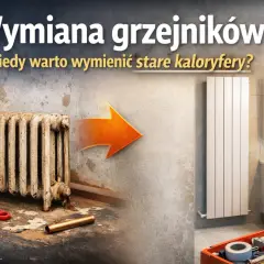 Stary, zardzewiały grzejnik obok nowego, białego. Wymiana grzejnika w bloku to klucz do komfortu. Narzędzia czekają.