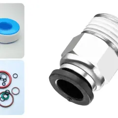 Cintas de teflón, juntas tóricas de colores y un accesorio roscado metálico, todos esenciales para uniones seguras.