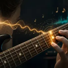 Une oreille attentive capte les ondes sonores d'une guitare électrique, symbolisant une oreille musicale en pleine immersion.