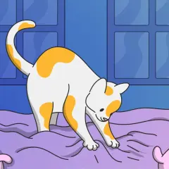 A white and orange cat kneads a purple blanket, perhaps wondering why doesn't my cat make biscuits.