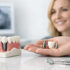 Un implantólogo dental muestra un modelo de mandíbula con un implante y en su mano, un implante, un diente y otro implante.