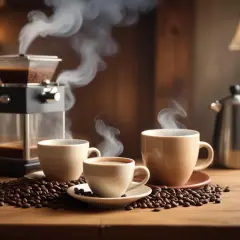 Färskt kaffe med ånga som stiger från kopparna. Kaffebönor sprider sig över bordet. En kaffebryggare och en tekanna syns i bakgrunden. Kaffe koffein per 100 ml.