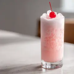 En rosa drink med krossad is, toppad med ett körsbär. En perfekt pink panther drink för en solig dag.