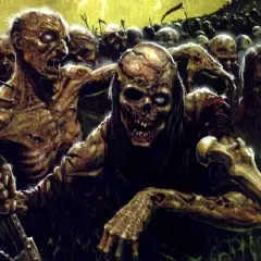 Przerażająca horda ludzi zombie, z rozkładającymi się ciałami i pustymi oczami, zbliża się w mroku.