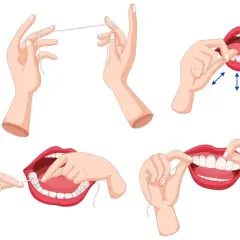 Ilustracja pokazuje jak używać nić dentystyczną do czyszczenia zębów.