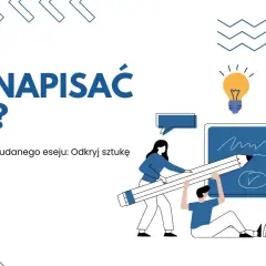 Jak napisać esej? Ilustracja pokazuje ludzi tworzących tekst, symbolizując proces pisania.