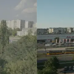Porównanie obrazu przed i po zastosowaniu 3d lut. Widok na osiedle mieszkaniowe, centrum handlowe i tory tramwajowe z dwoma tramwajami.
