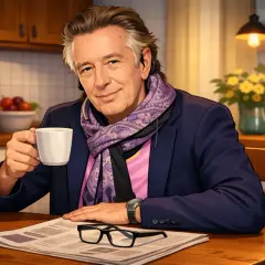 Tommy Berggren sitter vid ett köksbord med en kaffekopp och tidning.