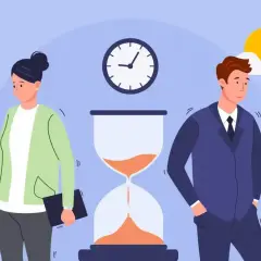 Kobieta i mężczyzna stoją obok klepsydry. Zegar nad nimi i księżyc z chmurami po lewej sugerują, że to cały tydzień pracy w Niemczech.