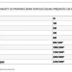 Taryfikator mandatów za prędkość: od 50 zł za przekroczenie do 10 km/h, do 2500/5000 zł za jazdę powyżej 71 km/h.