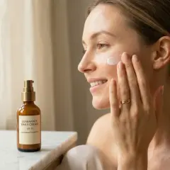 Kobieta aplikuje krem z filtrami chemicznymi SPF 30. Delikatna pielęgnacja dla promiennej skóry.