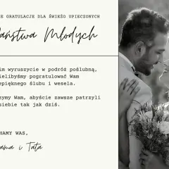 Czarno-białe zdjęcie pary młodej, z tekstem gratulacyjnym.
