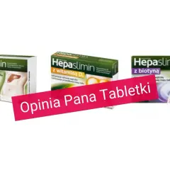 Trzy opakowania suplementu Hepaslimin z grafiką wątroby i sylwetki.