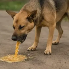 Pies ma odruchy wymiotne, z pyska leci żółta wydzielina, ale jeszcze nie wymiotuje.