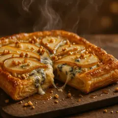 Un délicieux pavé de poire, garni de fromage fondant et de noix, dégage une vapeur appétissante sur une planche en bois.