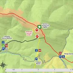 Mapa szlaków Bieszczadów: Połonina Wetlińska, Camping Górna Wetlinka, schronisko, zamknięty odcinek szlaku, Przełęcz Wyżna, Brzegi Górne.