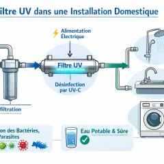 Schéma d'une installation domestique montrant le fonctionnement d'un filtre UV pour désinfecter l'eau, éliminant bactéries et virus avant distribution à la douche, cuisine et lave-linge.