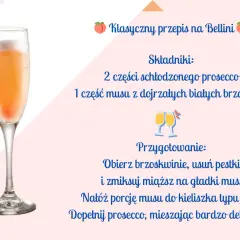 Klasyczny drink Bellini: schłodzone prosecco i mus z brzoskwiń w kieliszku typu flute. Idealny na wakacje!
