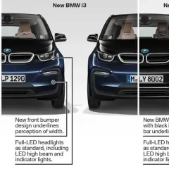 Porównanie BMW i3: poprzednik, nowe BMW i3 i BMW i3s. Test porównawczy uwypukla zmiany w zderzakach i światłach.