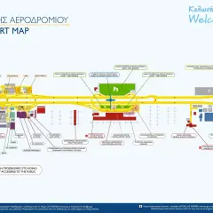 Mapa lotniska w Atenach z zaznaczonymi parkingami, terminalami, sklepami (IKEA, Leroy Merlin), hotelem i innymi punktami.