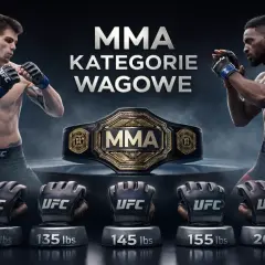 Dwóch zawodników MMA w pozycjach bojowych, pas mistrzowski i rękawice z wagami: 125, 135, 145, 155, 265 lbs. Temat: kategorie wagowe MMA.