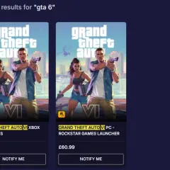 Wyniki wyszukiwania "gta 6" pokazują okładki gry Grand Theft Auto VI na Xbox Series X|S i PC.