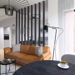 Nowoczesny salon z brązową kanapą i stolikami. W tle kuchnia i sypialnia. Projekt rafin developer.