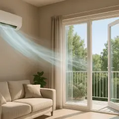 Aire acondicionado enfría la sala, creando una brisa refrescante. La puerta del balcón abierta permite ventilar un ambiente con luz natural y vistas a árboles frondosos.