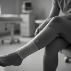 Osoba siedzi na łóżku w gabinecie lekarskim, z nogą owiniętą opatrunkiem na szwy.