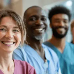 Ein lächelndes Pflegeteam in blauen Kitteln. Sie repräsentieren flexible Arbeitszeitmodelle Pflege Beispiele für ein motiviertes Team.