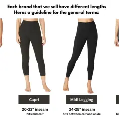 Four women model leggings of different lengths, illustrating what an inseam on leggings means. From left: Petal Pusher (14-17"), Capri (20-22"), Midi (24-25"), Long (26-29").