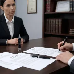 Un hombre firma un documento en una oficina, mientras una mujer observa. El documento tiene la palabra "FEIN" visible.