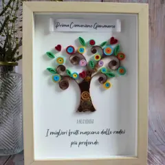 Albero di quilling colorato, un'idea di riciclo creativo per la Prima Comunione di Gianmarco, con una dedica alla nonna.