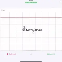 GoodNotes Karteikarten: Auf einer karierten Karteikarte steht das Wort "Bonjour" in geschwungener Schrift.