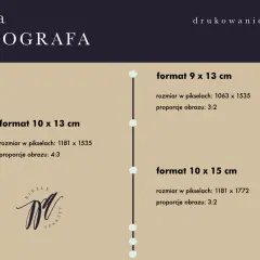 Ściąga fotografa z informacjami o formatach druku: 9x13 cm (3:2), 10x13 cm (4:3) i 10x15 cm (3:2).