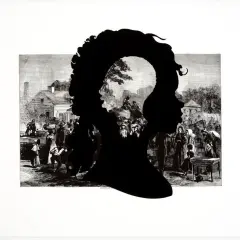 Kara Walker artwork: Black silhouettes of two profiles, one nested within the other, overlay a historical engraving of a bustling village scene with figures and buildings.