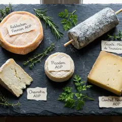 Plateau de fromages au lait de vache : Reblochon, Picodon, Chevrotin, Cantal Fermier et Sainte-Maure de Touraine.