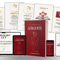 Materiale promozionale per "Il Diario di Afrodite", con bonus su come risvegliare il desiderio femminile, lubrificare il piacere e nutrire l'energia.
