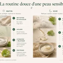 Routine du matin et du soir pour peau sensible : nettoyage doux, apaisement, hydratation et protection. Aide à calmer les symptômes de peau sensible.