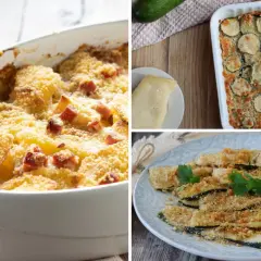Tre deliziose varianti di zucchine al forno: una gratinata con patate e pancetta, una in teglia con fette tonde e una croccante a bastoncino.