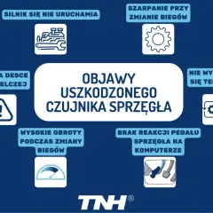 Objawy uszkodzonego czujnika sprzęgła: silnik nie uruchamia się, szarpanie przy zmianie biegów, błąd na desce rozdzielczej, wysokie obroty, brak reakcji pedału sprzęgła.