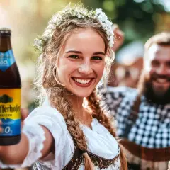 Uśmiechnięta dziewczyna w wianku z kwiatów trzyma butelkę Schöfferhofer Weizen, oferując to dobre niemieckie piwo. W tle widać radosnych ludzi.