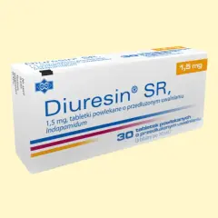 Opakowanie leku Diuresin SR 1,5 mg z indapamidem, tabletki powlekane o przedłużonym uwalnianiu.
