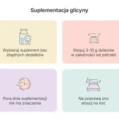 Glicyna co to? Porady dotyczące suplementacji: wybieraj czysty produkt, stosuj 3-10g dziennie, pora dnia nie ma znaczenia, na sen stosuj na noc.